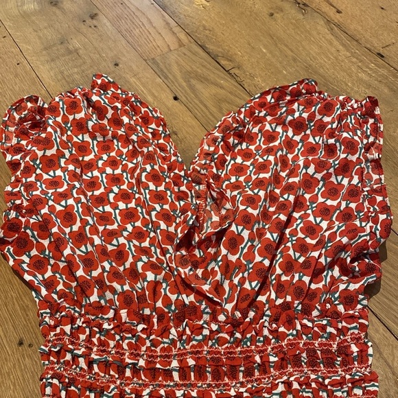 Max Studio Wide Leg Double V Rouched Shoulder Smocked Waist Pull On Red Poppy XS - Picture 5 of 9